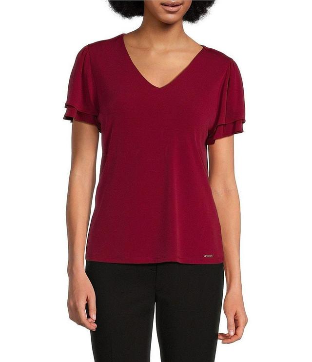 Calvin Klein Petite Size Matte Jersey Knit V-Neck Short Tier Sleeve Top Product Image