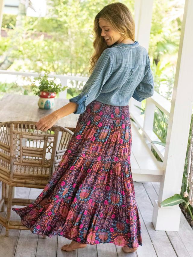 Hanna Convertible Maxi Skirt - Black Printed Folk Circles Product Image