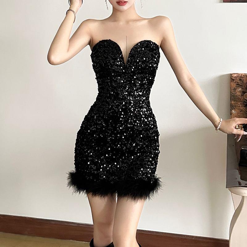 Sweetheart Neckline Glitter Mini Bodycon Dress Product Image