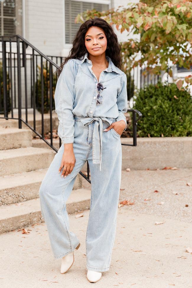 One More Time Long Sleeve Belted Denim Button Up Jumpsuit FINAL SALE Product Image