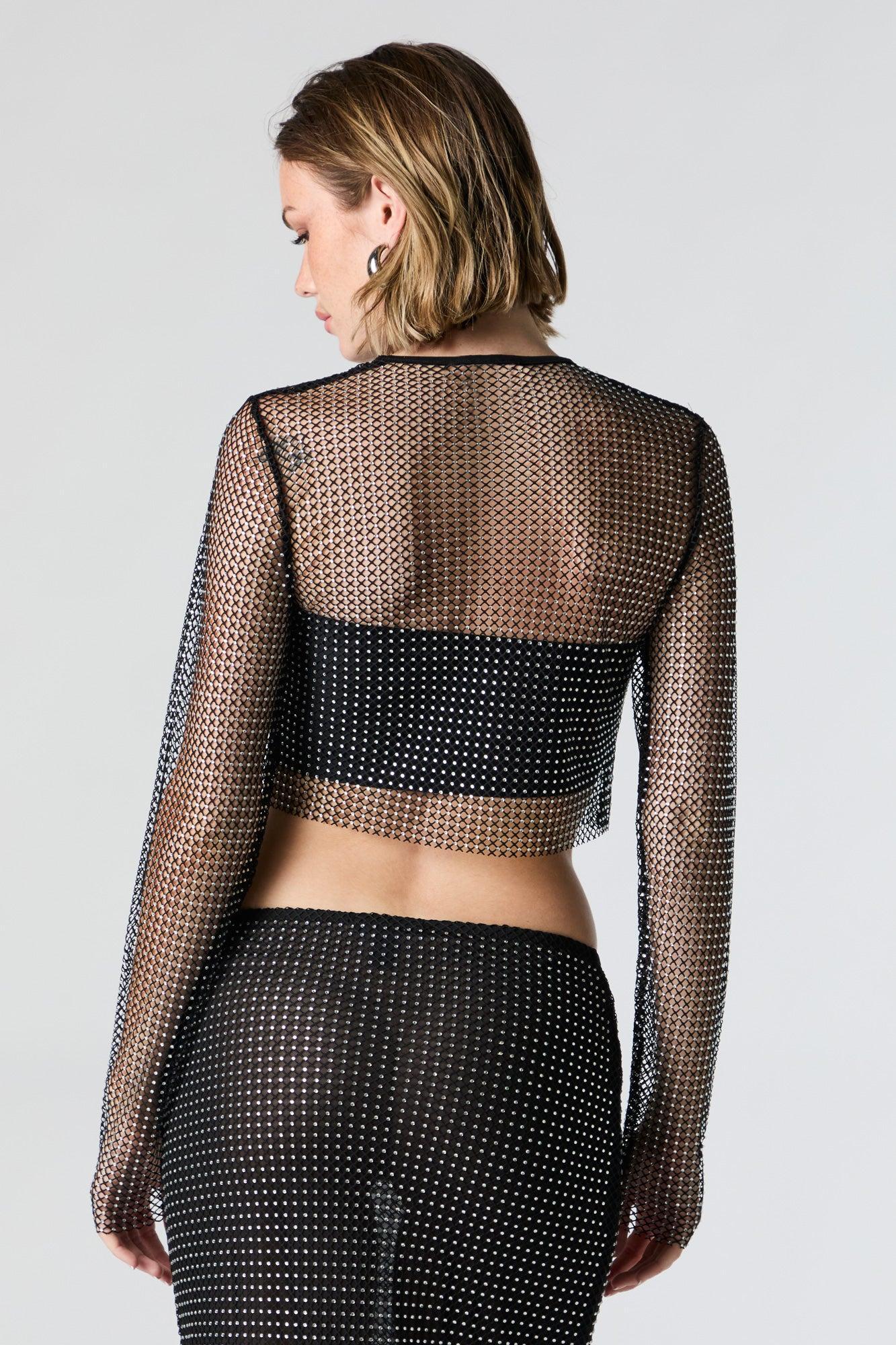 Fishnet Rhinestone Long Sleeve Crop Top Female Product Image