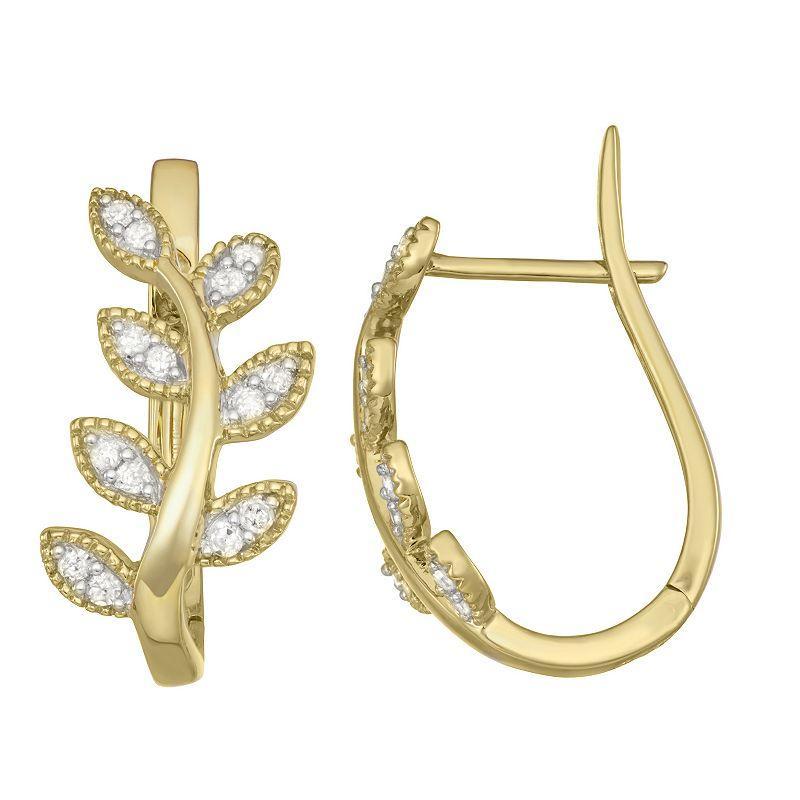 HDI 10k Gold Over Silver 1/3 Carat T.W. Diamond Leaf Hoop Earrings, Womens, Gold Over Sterling Product Image