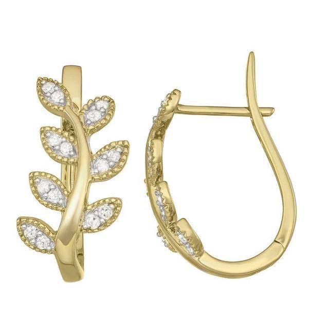 HDI 10k Gold Over Silver 1/3 Carat T.W. Diamond Leaf Hoop Earrings, Womens, Yellow Product Image