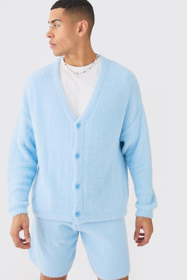 Fluffy Knit Cardigan In Light Blue | boohooMAN USA Product Image