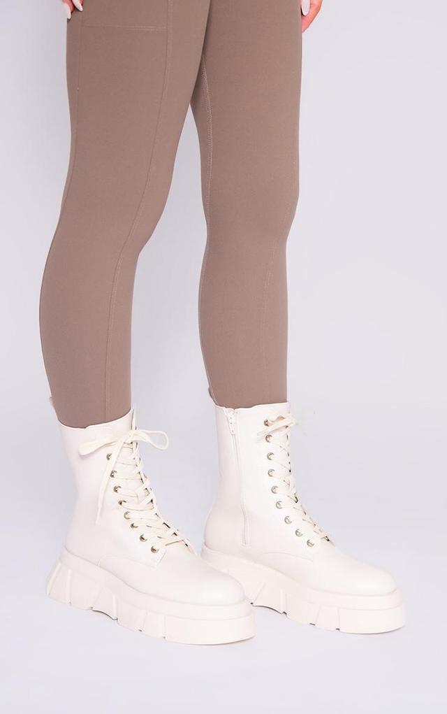 Cream Cleated Angled Chunky Sole Lace Up Ankle Boots Product Image