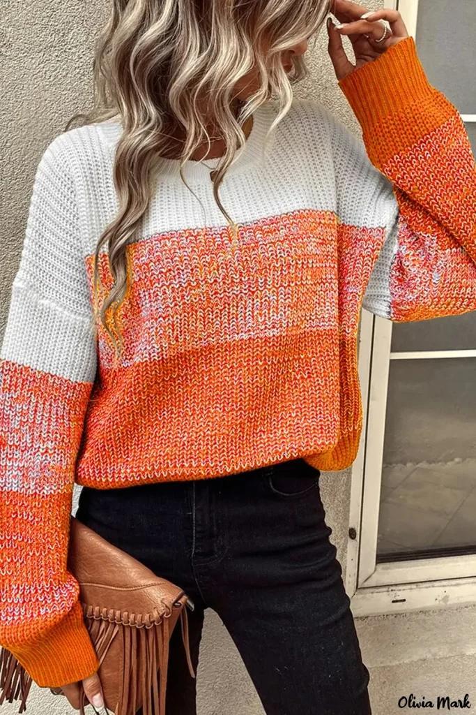 Olivia Mark – Stylish Orange Color Block Sweater with Drop Shoulder and Ribbed Trim Product Image