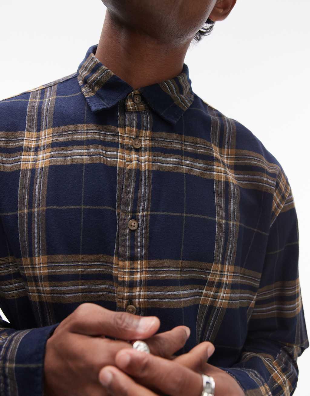 Selected Homme oversized shirt in navy yellow check Product Image