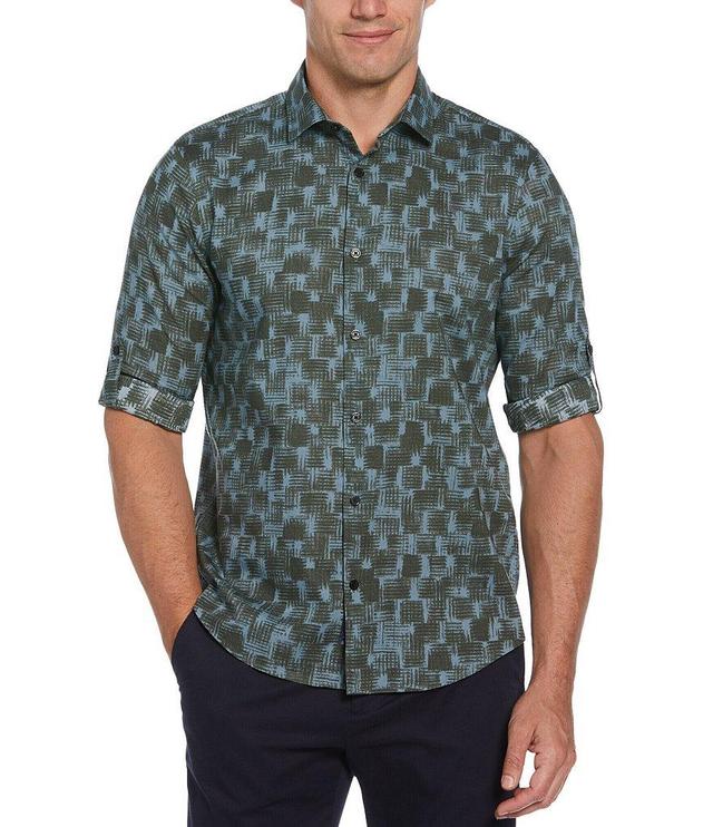 Perry Ellis Geo Line Print Roll-Sleeve Woven Shirt Product Image