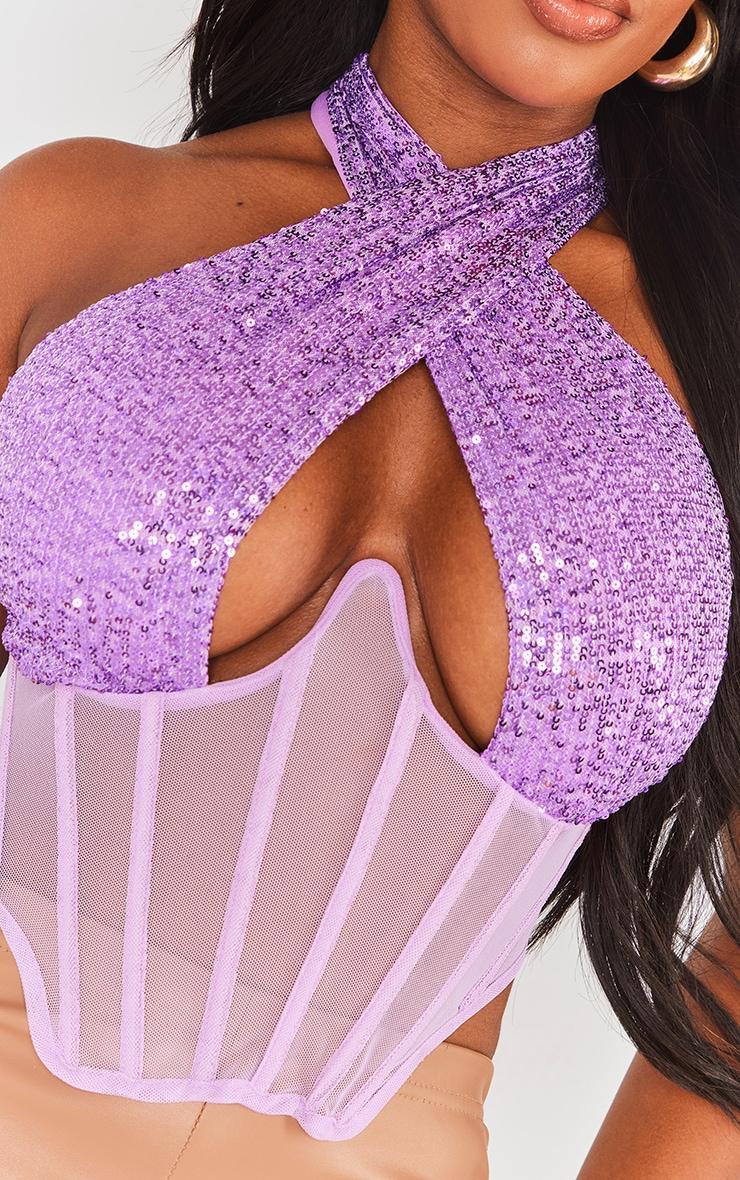 Shape Purple Sequin Mesh Insert Wrap Neck Corset Product Image