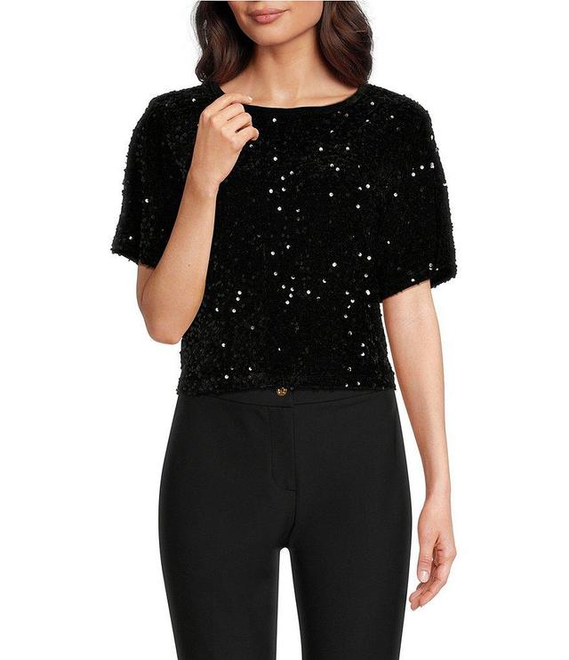 DKNY by Donna Karan Sequined Stretch Velvet Crew Neck Short Sleeve T-Shirt Product Image