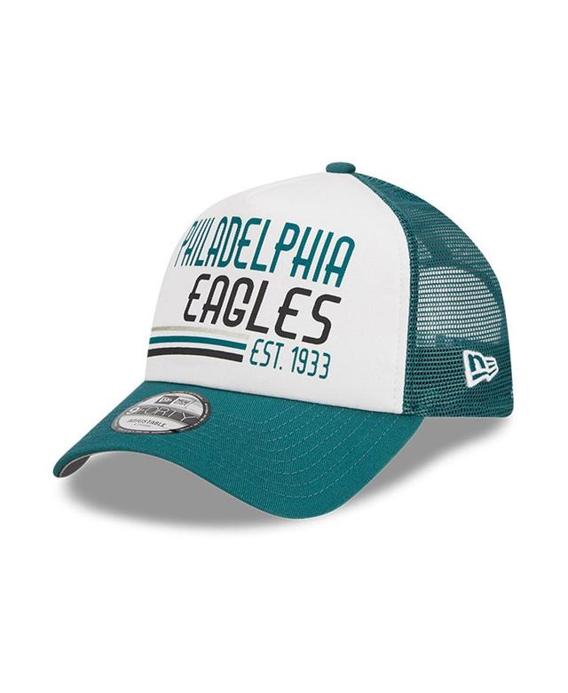 Mens New Era White/Midnight Green Philadelphia Eagles Stacked A-Frame Trucker 9FORTY Adjustable Hat Product Image