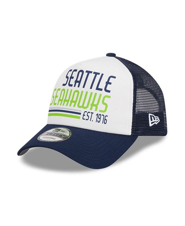 Mens New Era White/College Navy Seattle Seahawks Stacked A-Frame Trucker 9FORTY Adjustable Hat Product Image