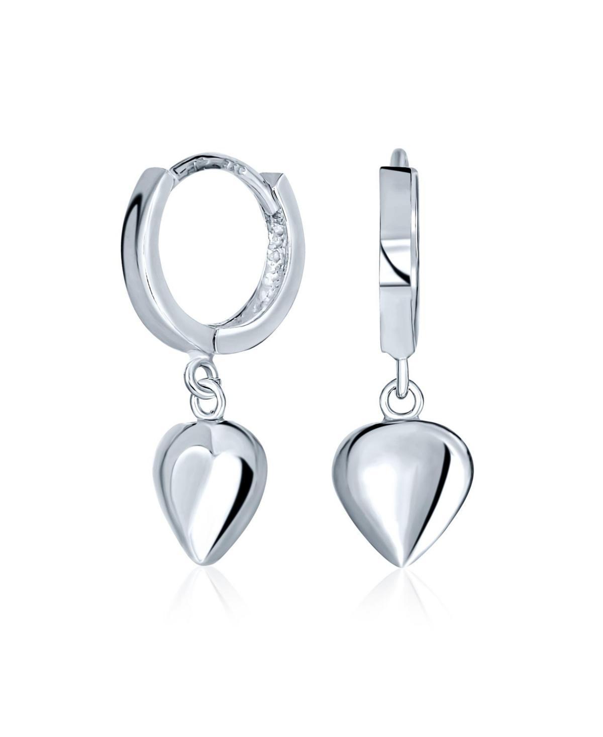 Delicate Romantic .925 Sterling Silver Dangle Puff Heart Shaped Charm Huggie Hoop Earrings For Women For Girlfriend Product Image