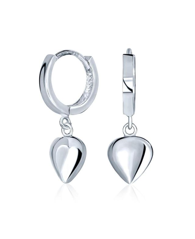 Delicate Romantic .925 Sterling Silver Dangle Puff Heart Shaped Charm Huggie Hoop Earrings For Women For Girlfriend Product Image