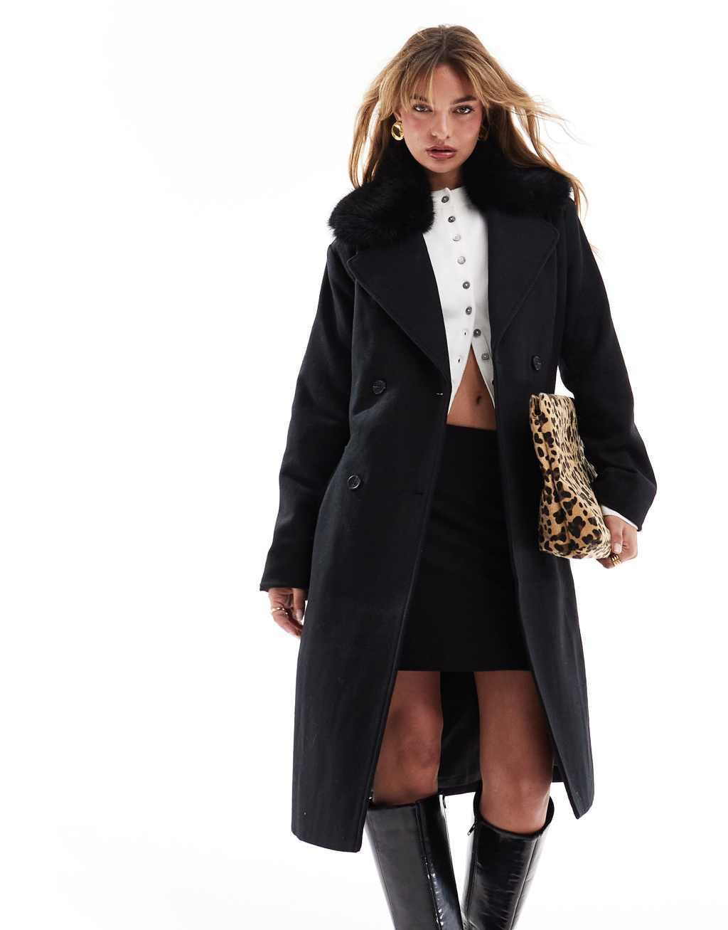 French Connection faux fur trim coat in black  Product Image