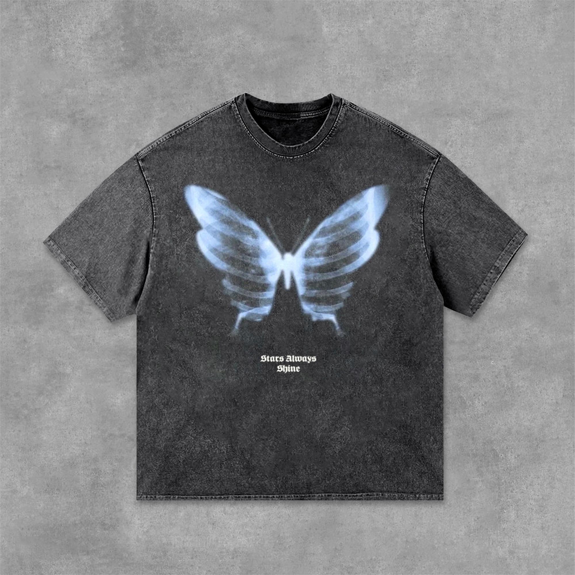 Acid Washed Shadow Skeleton Butterfly Short-Sleeved T-Shirt Product Image