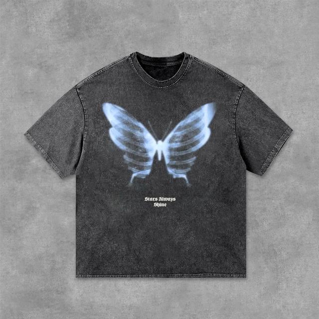 Acid Washed Shadow Skeleton Butterfly Short-Sleeved T-Shirt Product Image