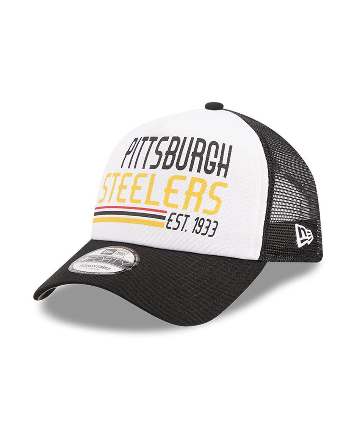 Mens New Era White/Black Pittsburgh Steelers Stacked A-Frame Trucker 9FORTY Adjustable Hat Product Image