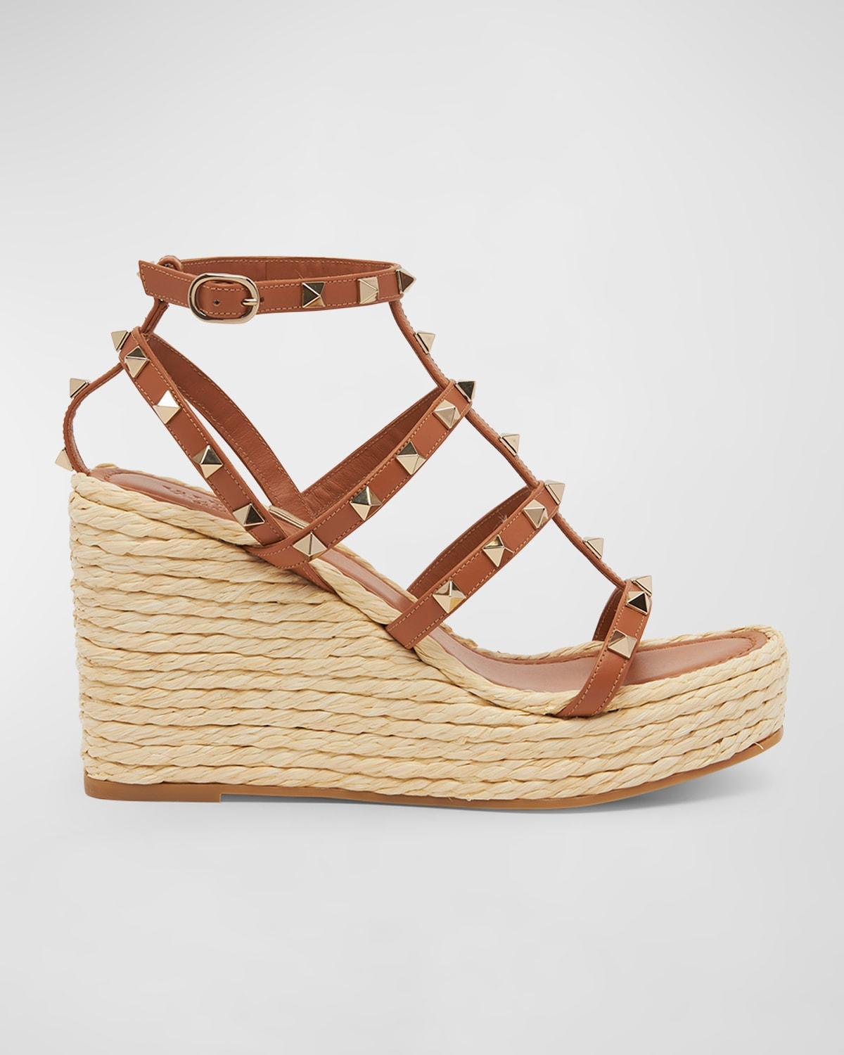 Valentino Garavani Rockstud Espadrille Wedge in Almond Beige & Naturale - Beige. Size 37 (also in 39, 41). Product Image