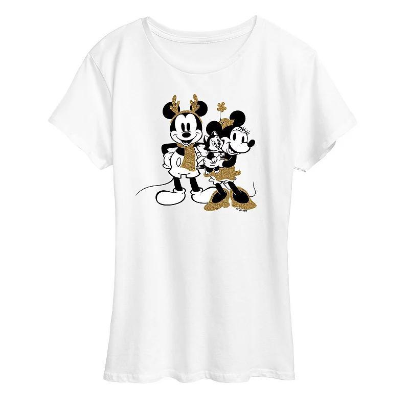 Disneys Mickey Mouse Womens Mickey Minnie Sparkle Graphic Tee, Girls Product Image