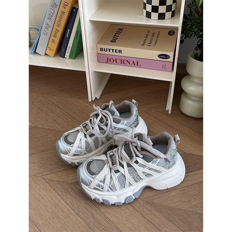 Striped Lace-Up Platform Sneakers Product Image