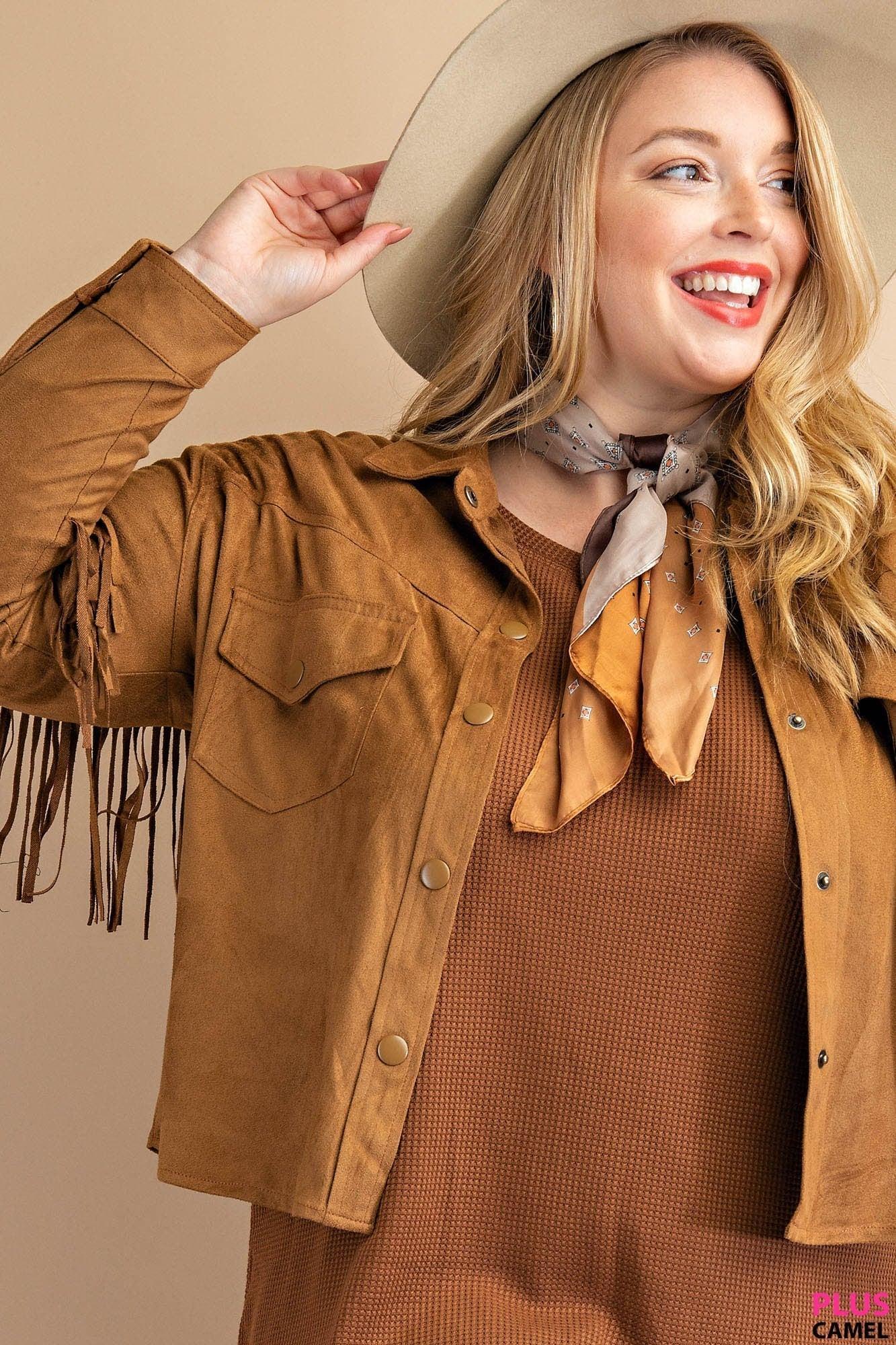 PLUS Camel Faux Suede Fringe Jacket Product Image