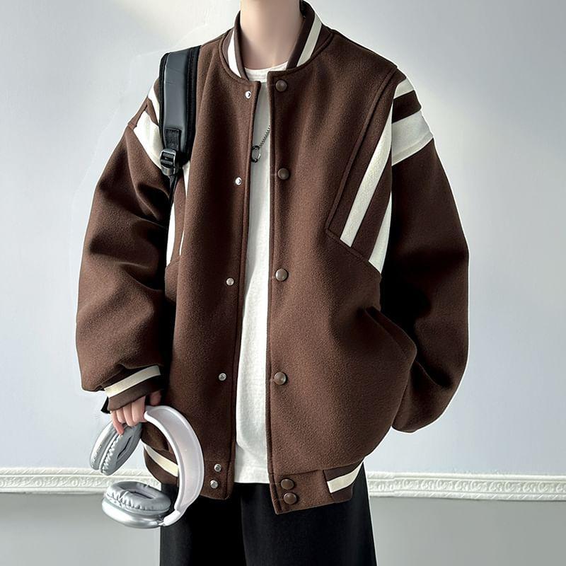 Two Tone Color Block Button-Up Baseball Jacket Product Image