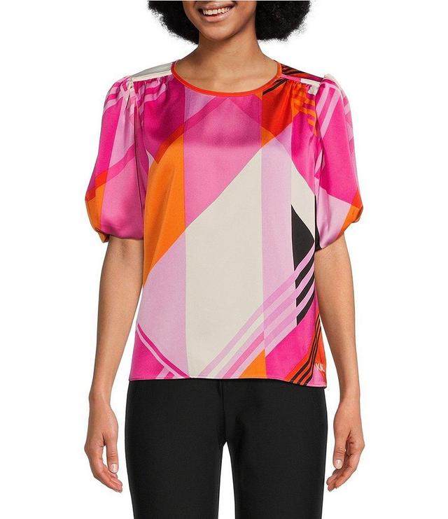 KARL LAGERFELD PARIS Printed Crew Neck Short Puff Sleeve Blouse Product Image