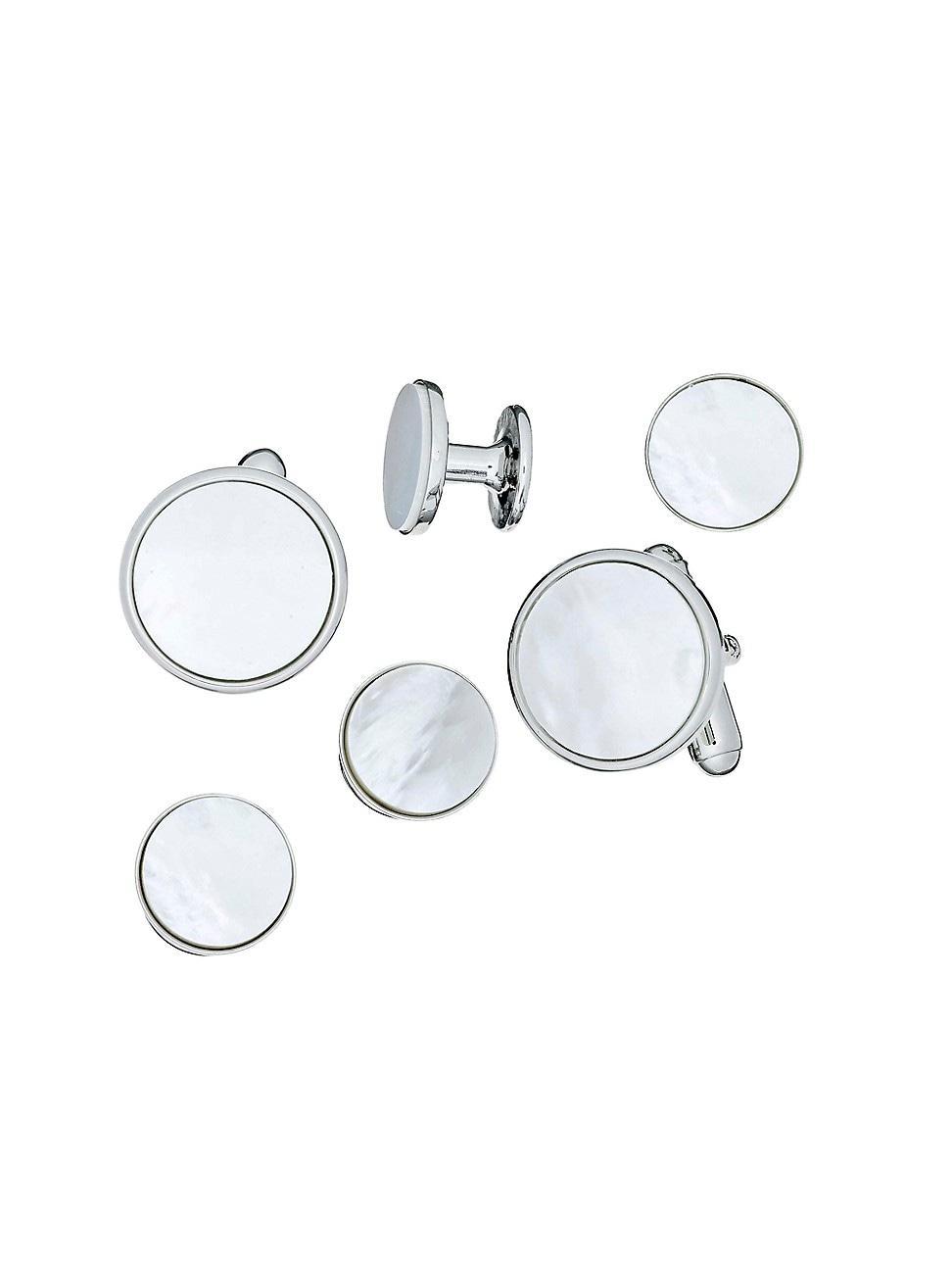 Mens Rhodium-Plated Brass & Mother-of-Pearl 6-Piece Stud & Cuff Links Set Product Image