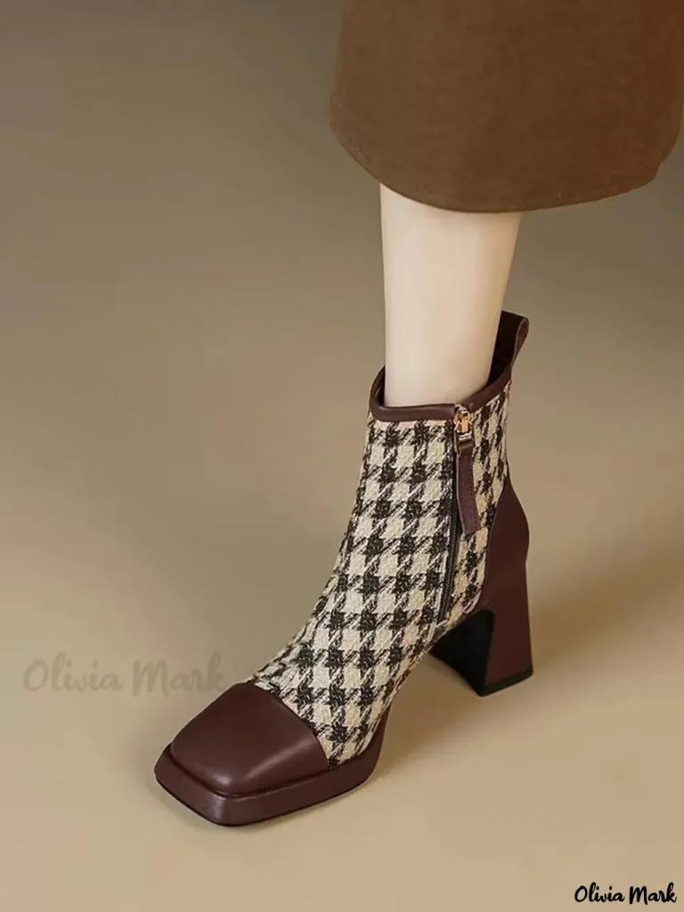 Olivia Mark – Parisian Vintage Houndstooth Square Toe Heel Boots with a Classic French Touch Product Image