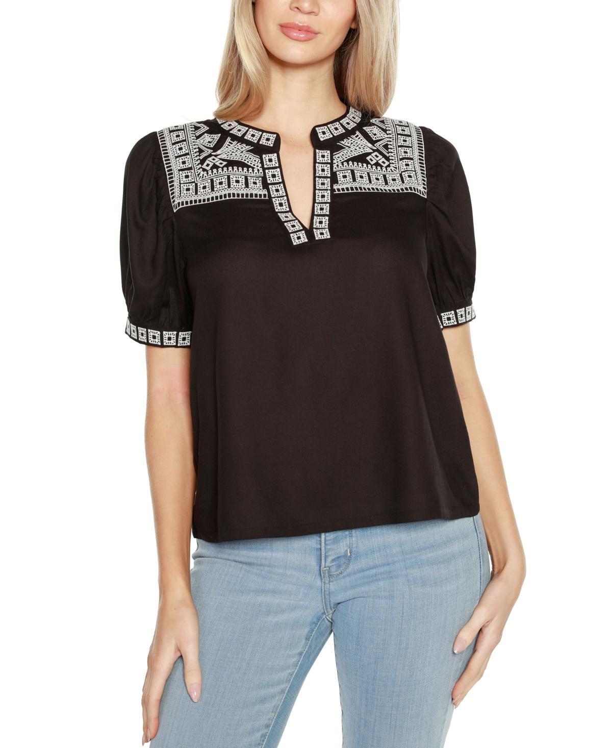 Belldini Womens Embroidered Boho Short Sleeve Top Product Image