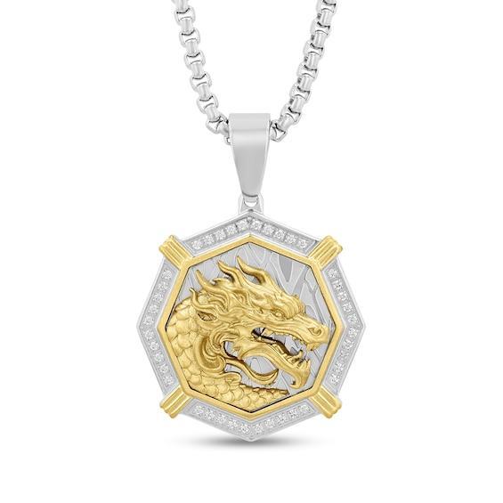 Men's 1/4 CT. T.w. Diamond Octagon Frame Dragon Medallion Pendant in Stainless Steel and Yellow Ion-Plate - 24" Product Image