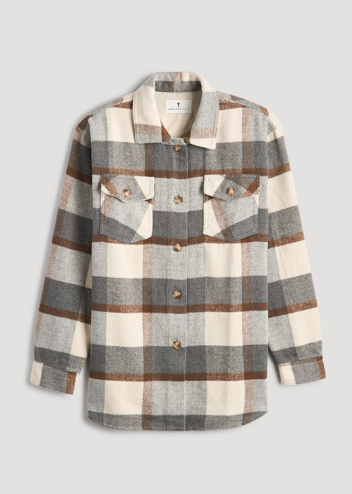 Flannel Women's Tall Shacket in Grey and Cream Plaid Female Product Image