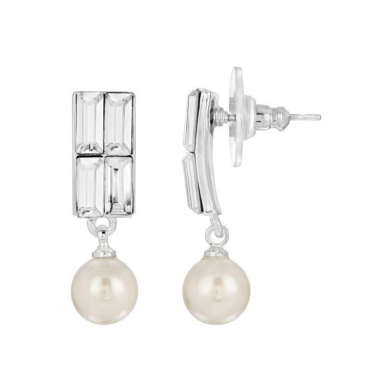 1928 Silver Tone Simulated Crystal and Faux Pearl Drop Earrings, Womens, White Product Image