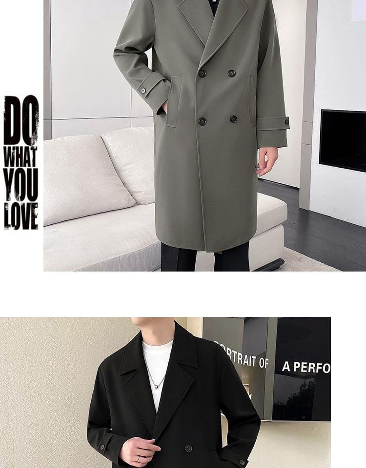 Notch Lapel Plain Double-Breasted Long Trench Coat Product Image