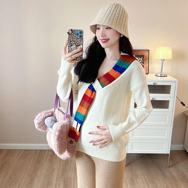 Maternity V-Neck Plain Striped Panel Sweater Product Image