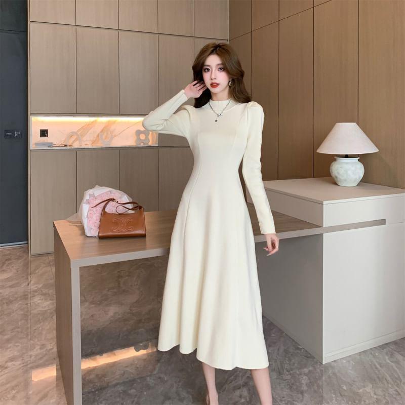 Long-Sleeve Mock Neck Plain Midi A-Line Knit Dress Product Image