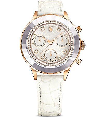 Swarovski Womens Octea Crystal Chronograph Croco White Leather Strap Watch Product Image