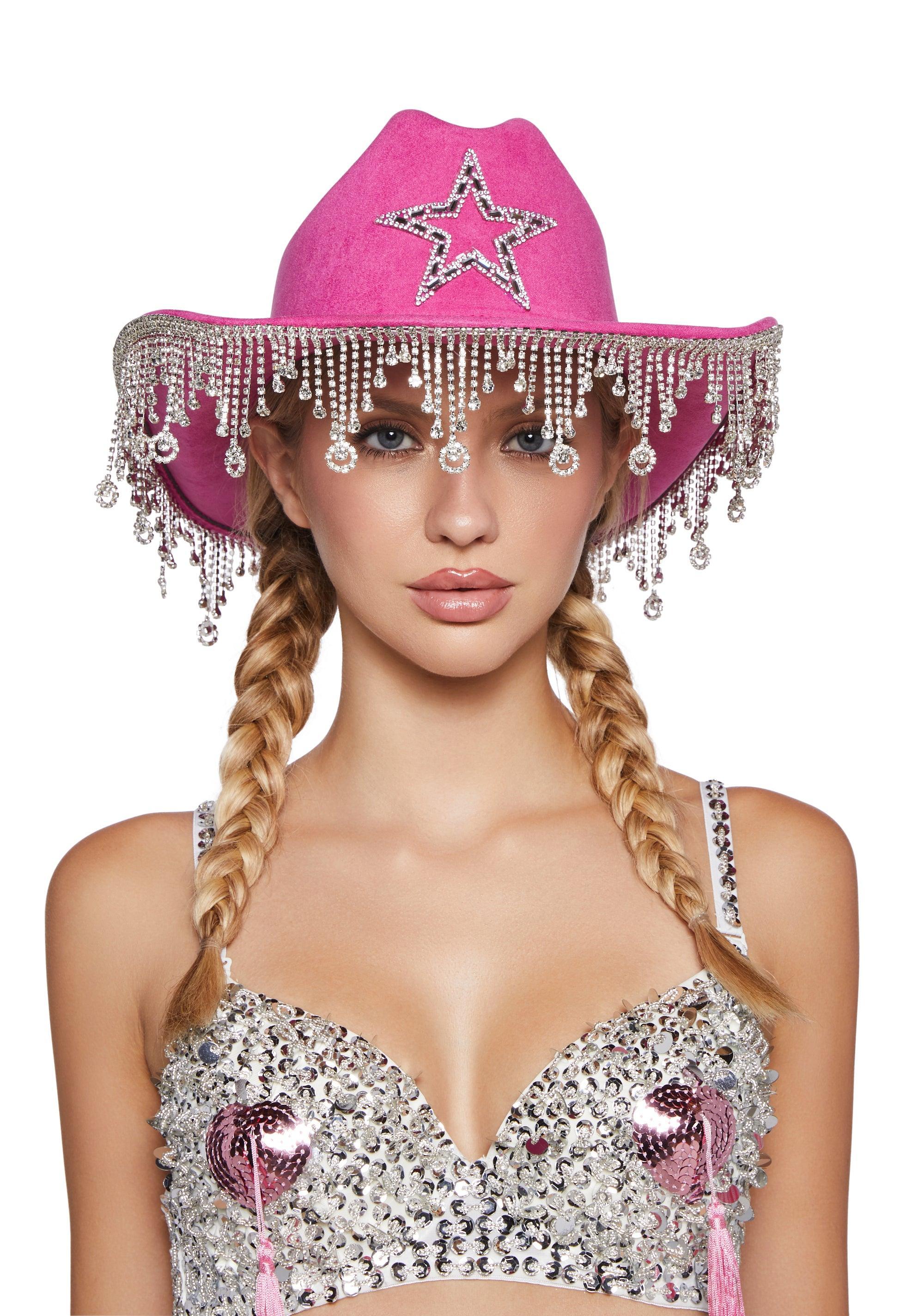 Rhinestone Drip Faux Suede Felt Cowboy Hat With Star Pattern - Pink product image