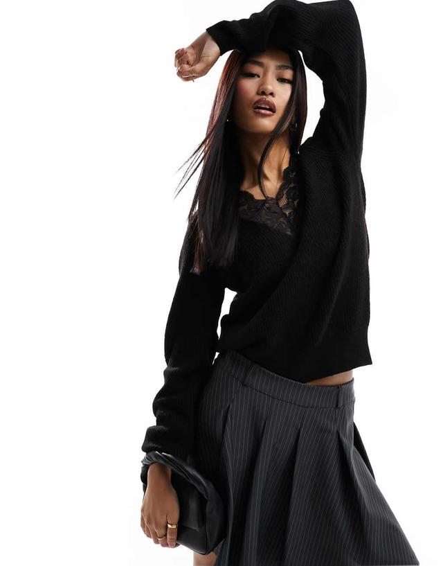 JDY reversible sweater with lace trim in black Product Image