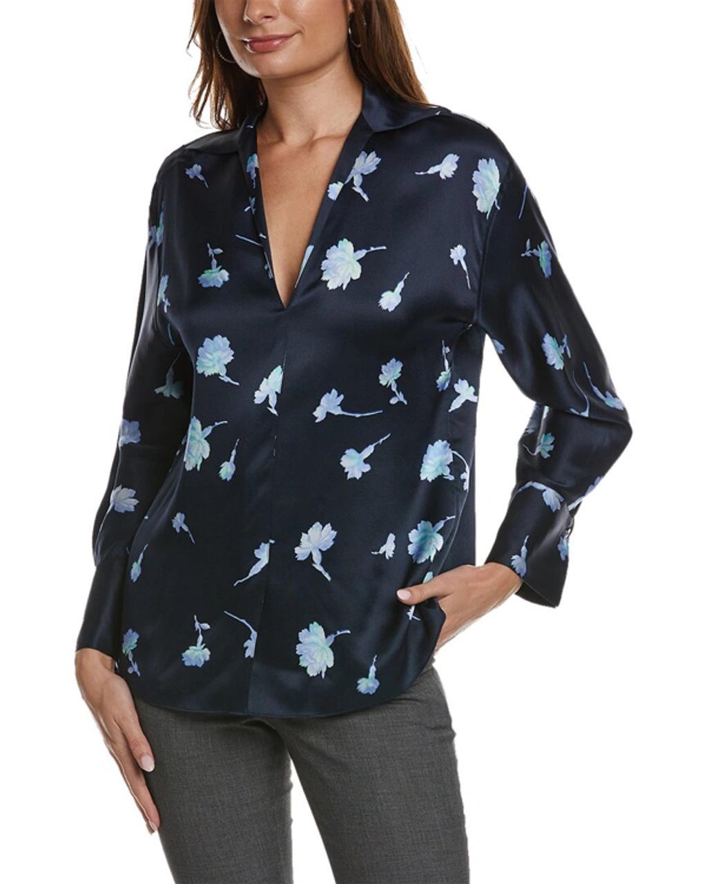 Sea Carnation Shaped Collar Silk Blouse In Blue Product Image