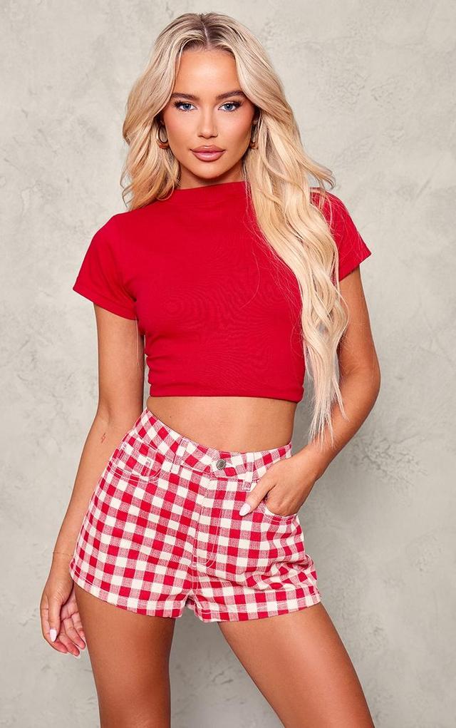 Red And White Gingham Denim Hot Pant Product Image