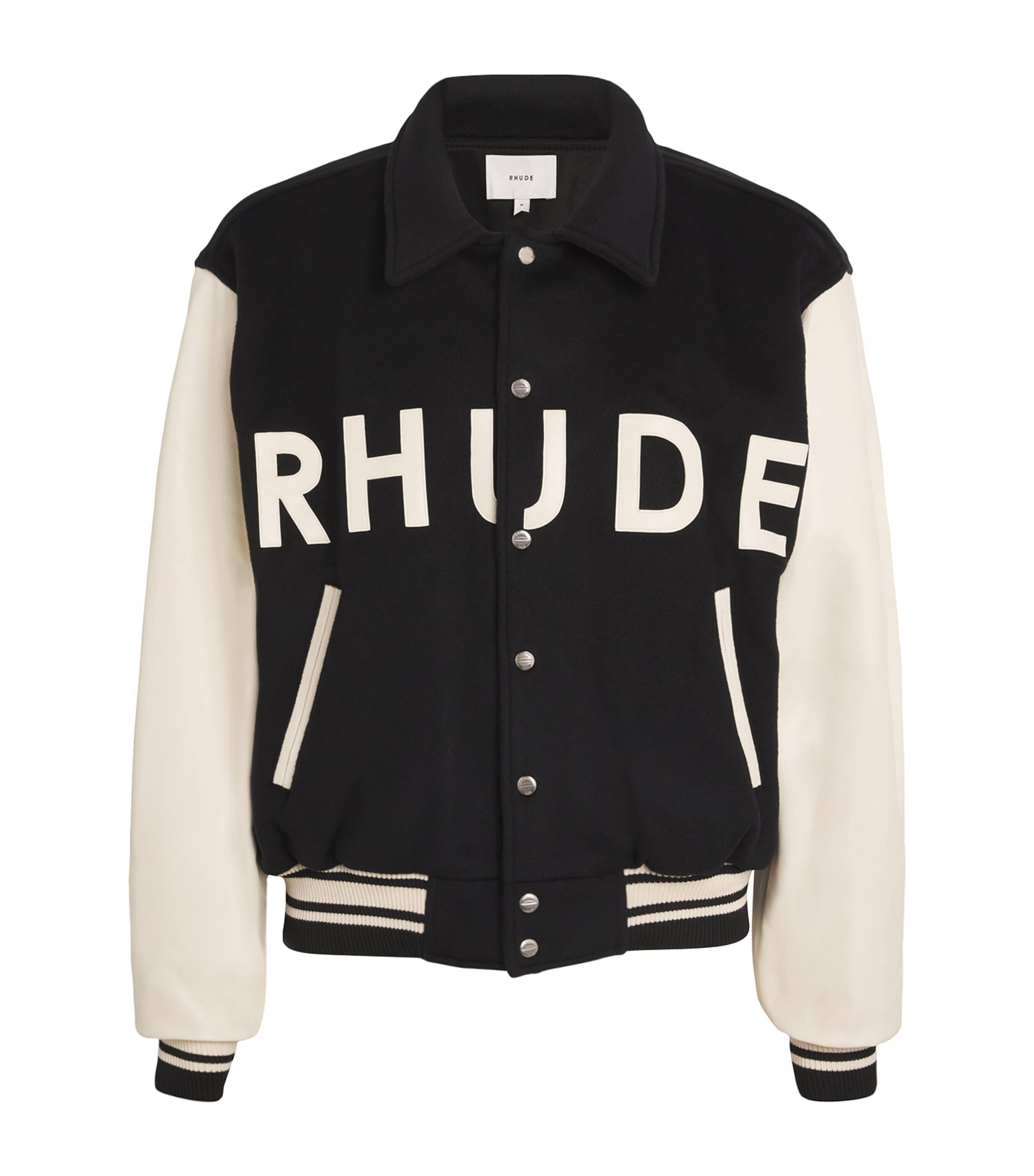 RHUDE Collegiate Logo-appliquéd Wool And Leather Bomber Jacket In Black Product Image