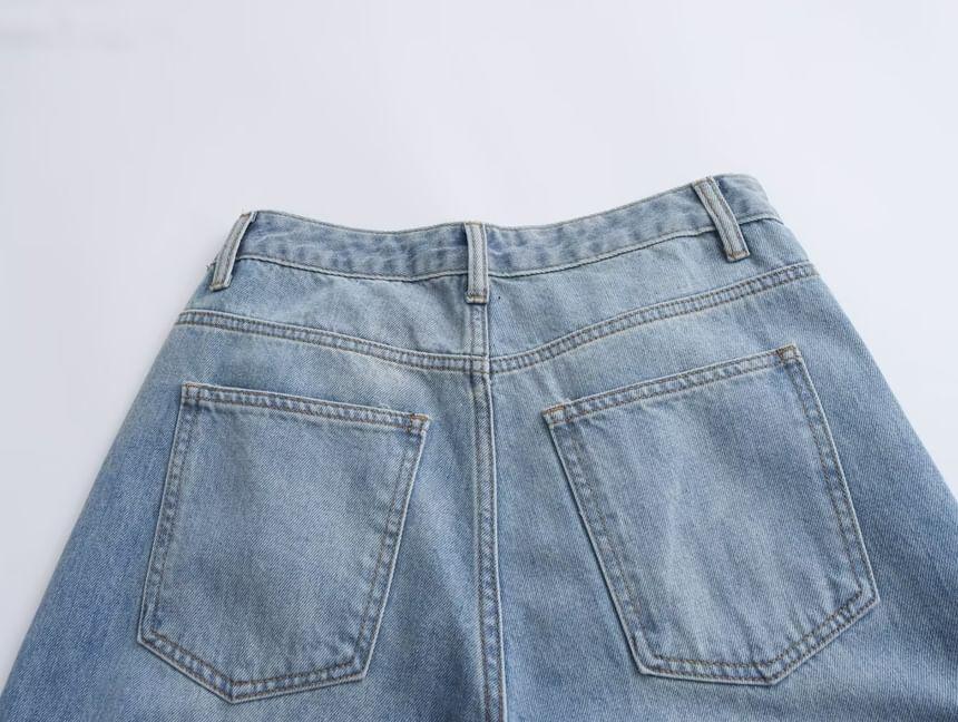 High Waist Asymmetrical Washed Loose Fit Jeans Product Image