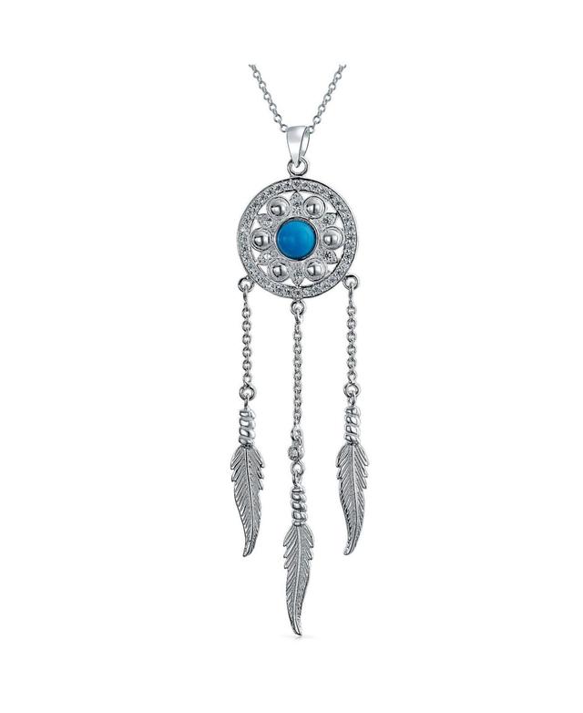 Bling Jewelry Western Synthetic Turquoise Accent Native American Indian Multi Feathers Leaf Dream Catcher Pendant Necklace For Women Oxidized Sterling Product Image