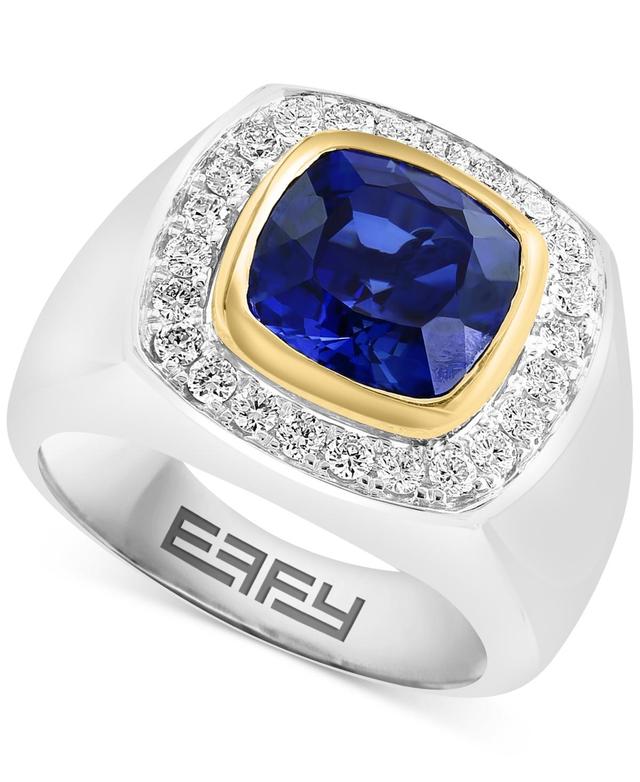 Effy Mens Lab Grown Sapphire (2-1/5 ct. t.w.) & Lab Grown Diamond (5/8 ct. t.w.) Halo Ring in 14k Two-Tone Gold Product Image