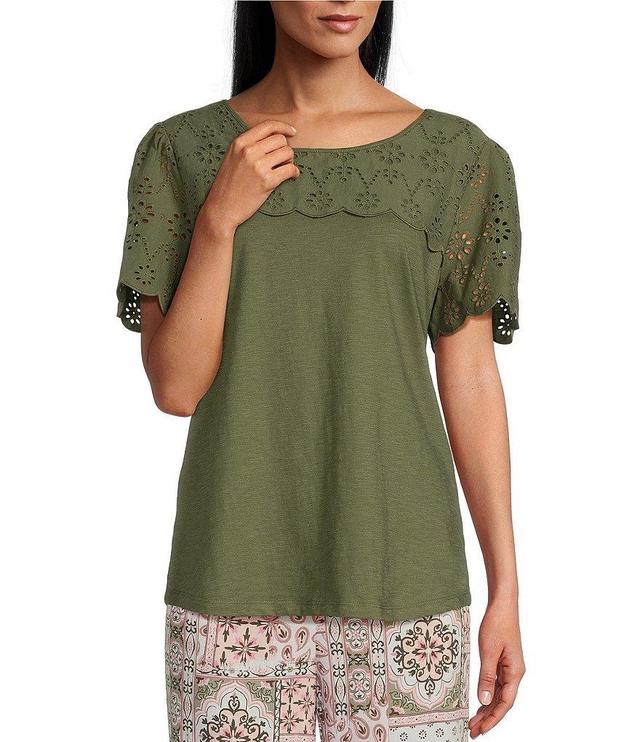 Allison Daley Eyelet Detail Short Sleeve Crew Neck Knit Top Product Image