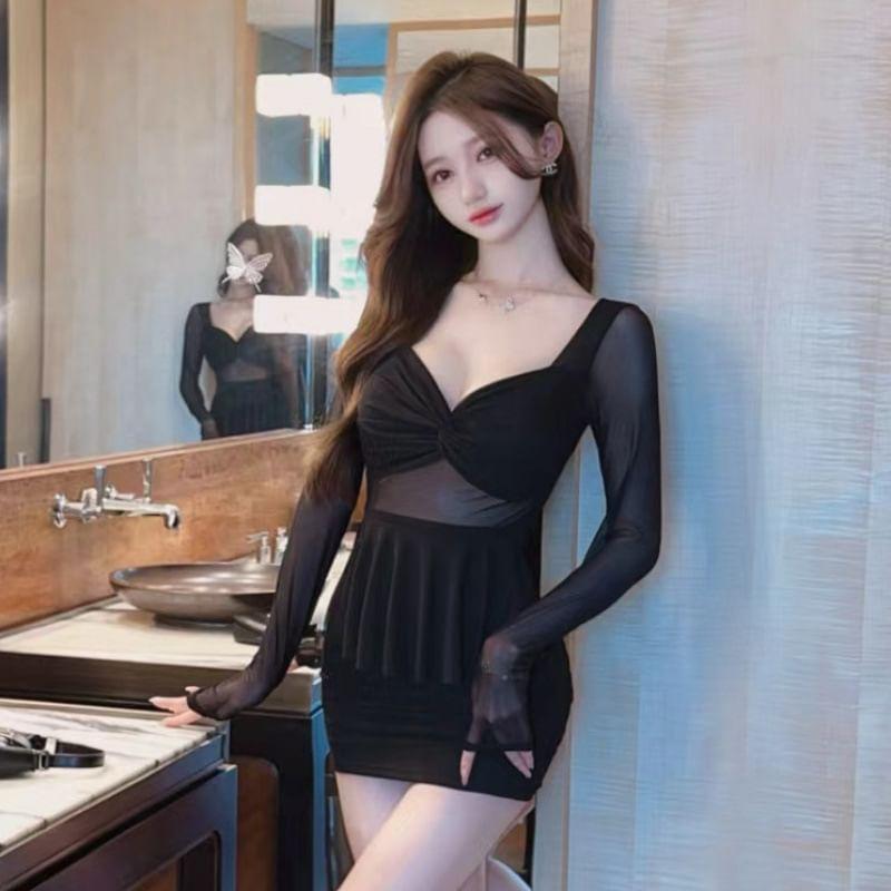 Long-Sleeve V-Neck Plain Ruffle Ruched Bodycon Mini Dress Product Image