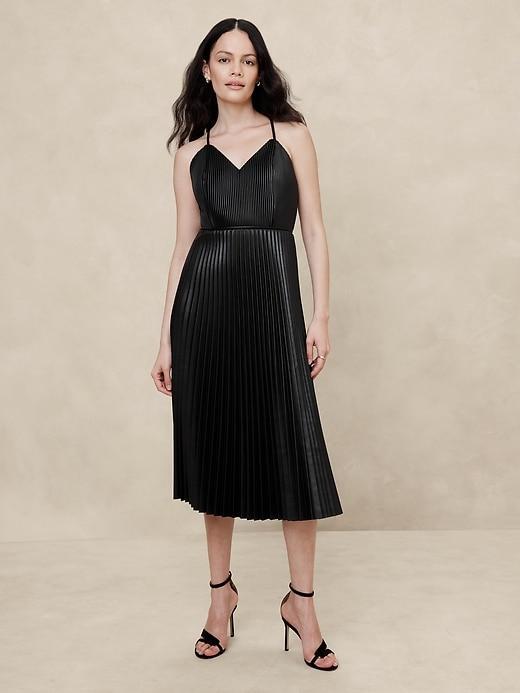 Vegan Leather Pleated Midi Dress Product Image