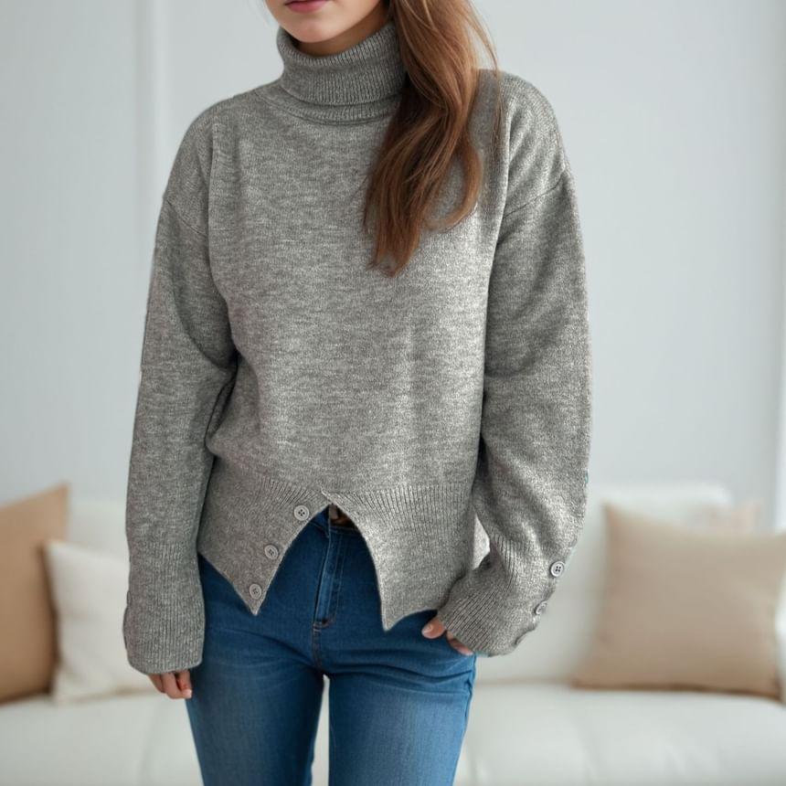 Turtleneck Plain Button Slit Sweater Product Image